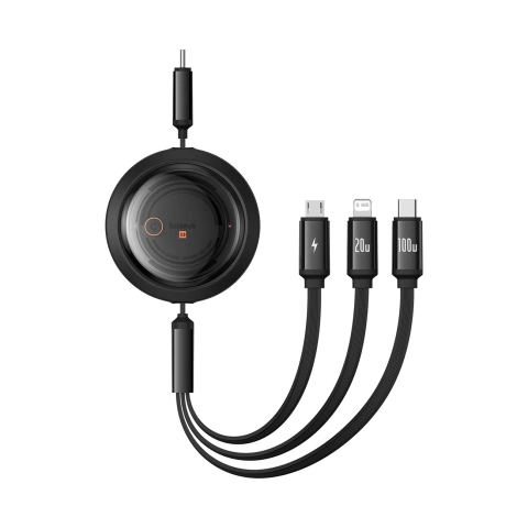Baseus Free2Draw CB000084 zaťahovací USB-C - Lightning / USB-C / micro USB kábel 100W 1,1m - čierny