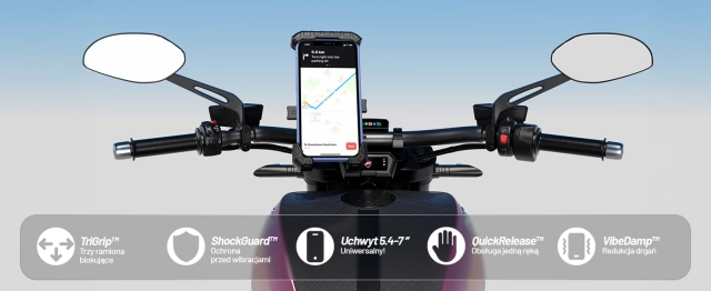 Uchwyt Motocyklowy na Telefon Kewig do Kierownicy i Lusterka, Antywstrząsowy z Systemem Antywibracyjnym, Rotacja 360°, Kompatybilny z Telefonami 5.4–7" – Czarny