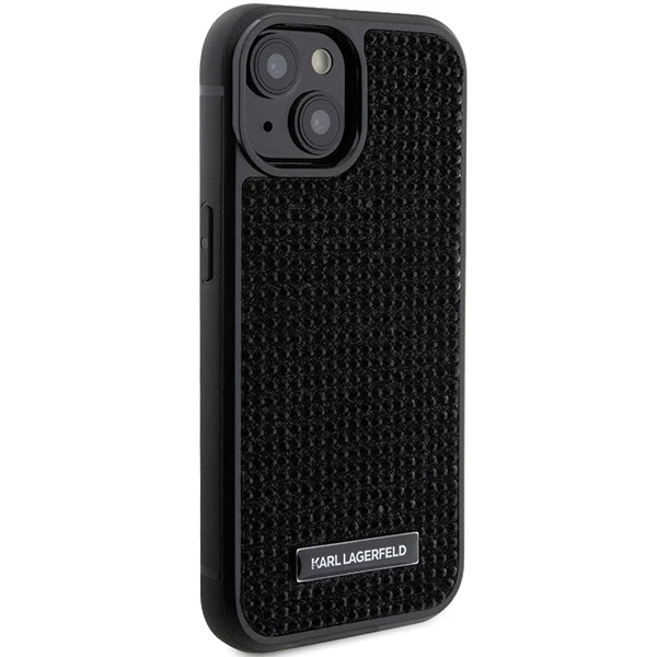 Etui Karl Lagerfeld KLHCP15SHDSPLK na iPhone 15 6,1" čierny/čierny pevný obal s kamienkovým logom kovová platňa