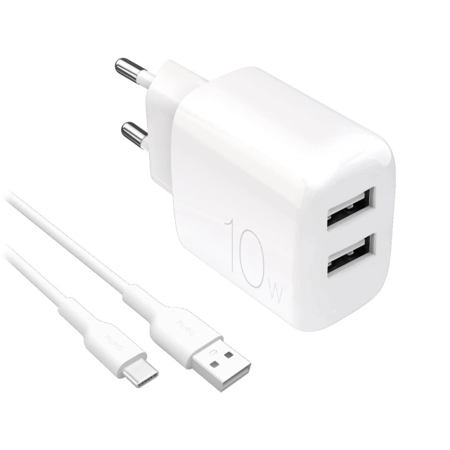 Ładowarka Puro PROLITE 10W 2x USB-A + kabel USB-A–USB-C 1,2 m – biała