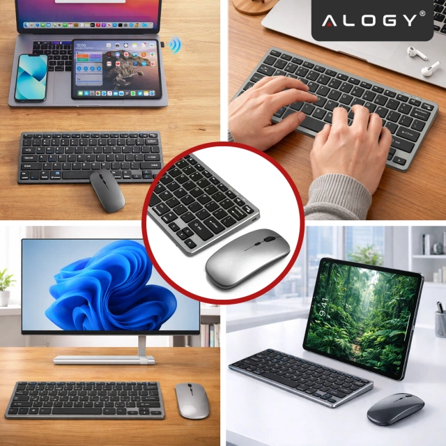 Zestaw bezprzewodowy klawiatura + mysz – Bluetooth i USB 2.4 GHz, cicha praca, smukły i ergonomiczny design, Plug & Play, do biura i Home Office – Alogy KeyMouse™