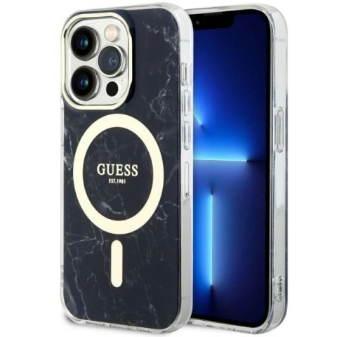 Puzdro na telefón Guess GUHMP14LPCUMAK pre Apple iPhone 14 Pro 6,1" čierne/čierne pevné puzdro Marble MagSafe