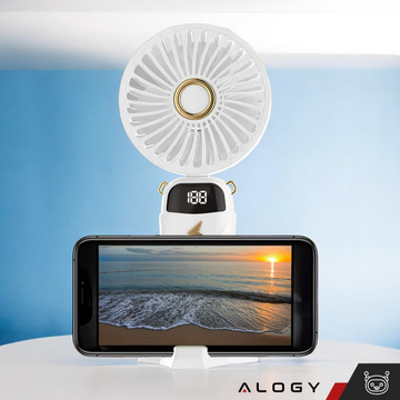 Ручний настільний вентилятор Alogy, бездротовий, портативний, стоячи з підставкою для телефону, білий
