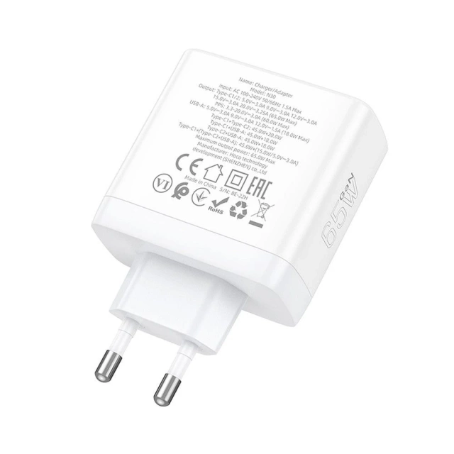 HOCO 2 x Type C USB A QC PD 65W GaN настінний зарядний пристрій Білий