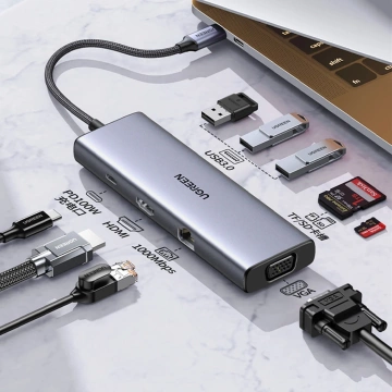 Ugreen CM498 USB-C HDMI VGA RJ45 Adapter USB-A SD PD 100W Hub 9in1 Gray