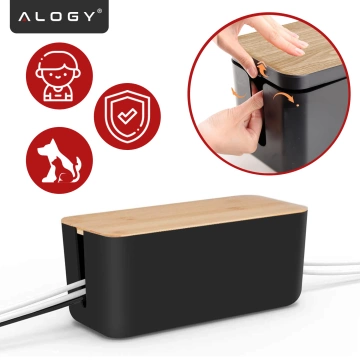 Organizer Pojemnik na Kable i Listwy, Pudełko Biurkowe i Podłogowe Rozmiar L, Estetyczne Wykończenie Drewno, Alogy CableBox™ – Czarny