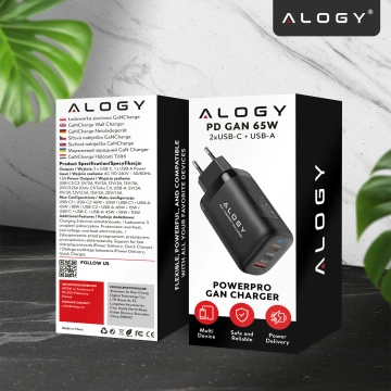 Alogy GaNCarge Kompaktní nástěnná nabíječka 3v1 rychlé nabíjení GaN3 65W USB-A 30W 2x USB-C 65W černá