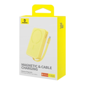 Baseus Magnetic Mini MagSafe 10000mAh 30W Power Bank with Built-in USB-C Cable - Yellow Baseus Simple Series USB-C Cable - USB-C 60W 0.3m