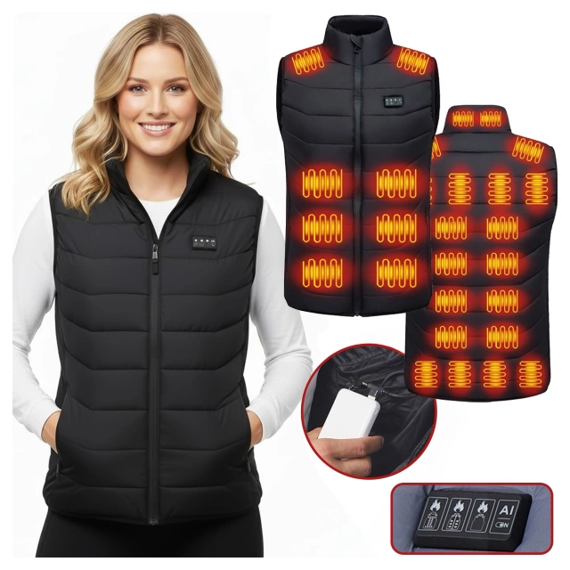 Kamizelka grzewcza z 28 strefami – 4-stopniowa regulacja temperatury, zasilanie USB, idealna na zimę i aktywności outdoor – Alogy ThermoVest™ Czarna (L)