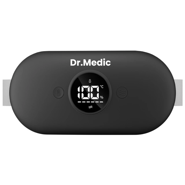 Pas Grzejący z Masażerem na okres i plecy - przeciwbólowy, ciepło + wibracje, 6 poziomów intensywności, akumulator 1800 mAh - Dr.Medic ThermoPulse™ Czarny