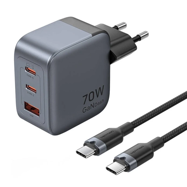 Gan vention USB-C CA Charger 70W USB-C до USB-C Cable 1M (сірий)