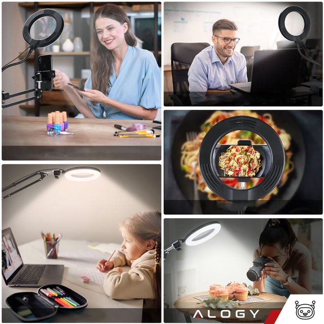 Kruhová kreslicí lampa LED Alogy s ohebným ramenem a stolním stojánkem, držákem telefonu v černé barvě