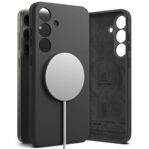 Silikónový kryt na Samsung Galaxy S25 Plus, čierny, s magnetickým krúžkom, MagSafe