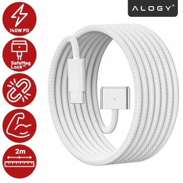 Kabel zasilający USB-C do MagSafe 3 – szybkie ładowanie 140W, przewód 2 m, do Apple MacBook, wytrzymały i bezpieczny – Alogy PowerLink™ Biały