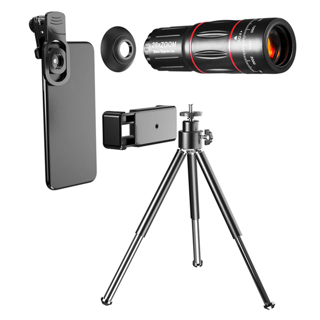Teleskop s objektivem Telescope Spotting Scope Alogy Stativ Monokulární stativ s 28x zoomem Držák telefonu černý