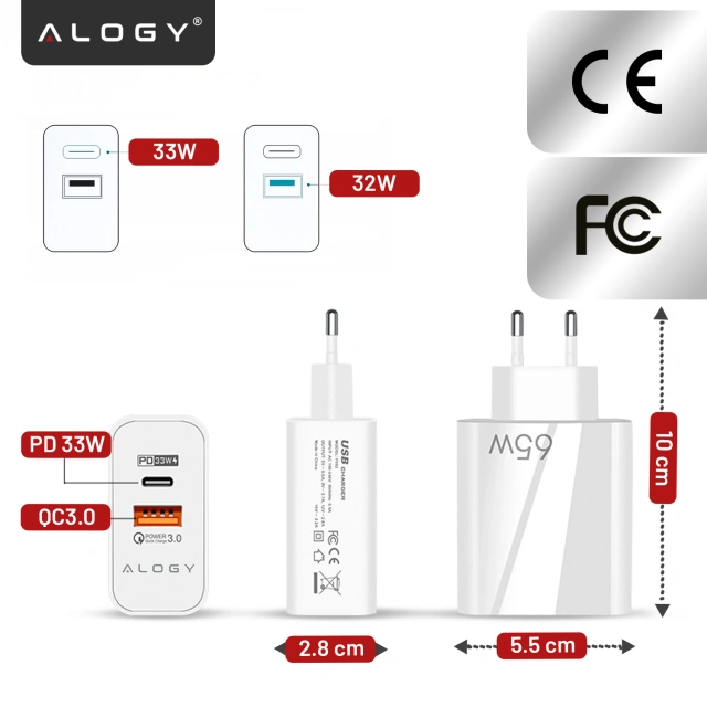 Rychlé USB-A QC 3.0 Quick Charge USB-C PD 33W 65W nástěnná nabíječka Alogy White