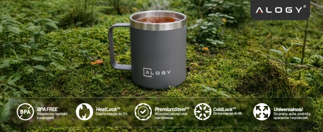 Thermo mug 420ml with handle lid for coffee tea steel cold and hot drinks Alogy Gray