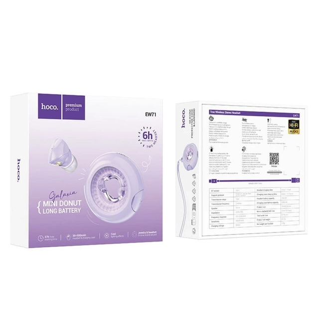 Hoco EW71 Kabellose Bluetooth TWS-Kopfhörer - Lila mit LED