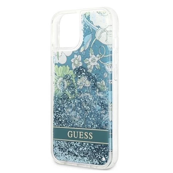 Guess GUHCP13MLFLSN iPhone 13 6,1" zielony/zelené pevné pouzdro Flower Liquid Glitter