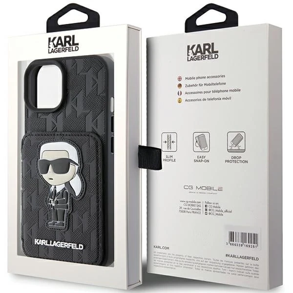 Etui Karl Lagerfeld KLHCP15SSAKKNSCK na iPhone 15 6,1" čierne/čierne pevné puzdro Saffiano Sloty na karty a stojan Monogram Ikonik Patch