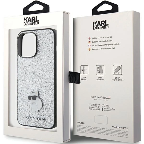 Etui Karl Lagerfeld KLHCP15XGCNPSG для iPhone 15 Pro Max 6.7" srebrny/silver hardcase Fixed Glitter Choupette Logo Metal Pin