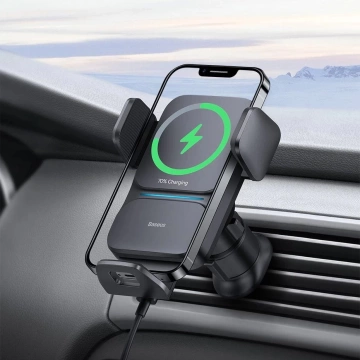 Baseus Wisdom Car Holder for a car phone with a QI inductive charger for a grille Black