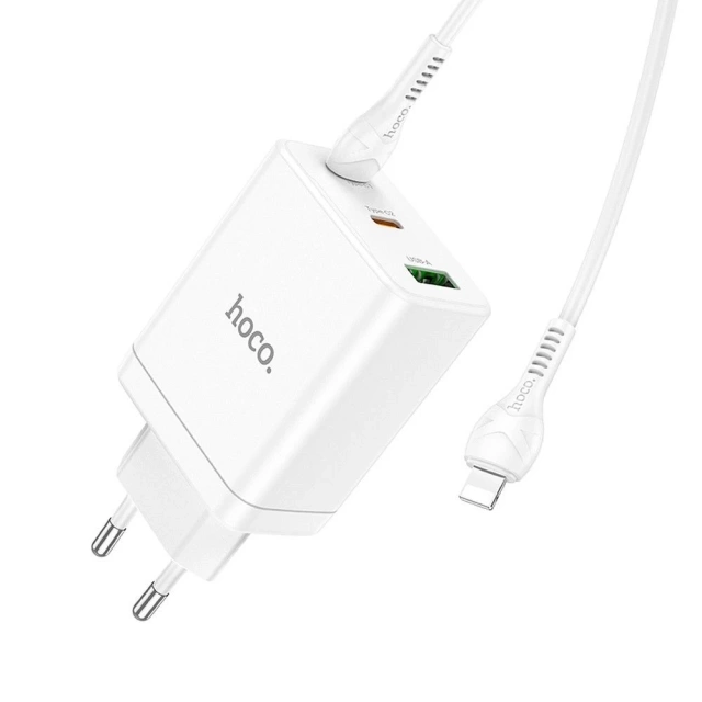 Настінний зарядний пристрій HOCO 2 x Type C USB A кабель Type C до Lightning PD QC3.0 3A 35W Білий