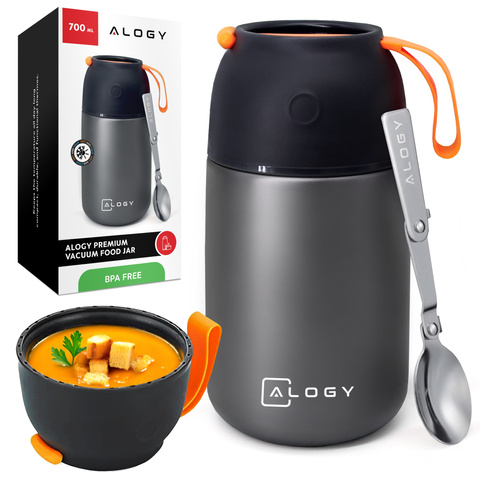 Abendessen-Thermoskanne für Kinder-Suppe, Essen, 700 ml, Alogy Edelstahl-Klapplöffel, Thermograu