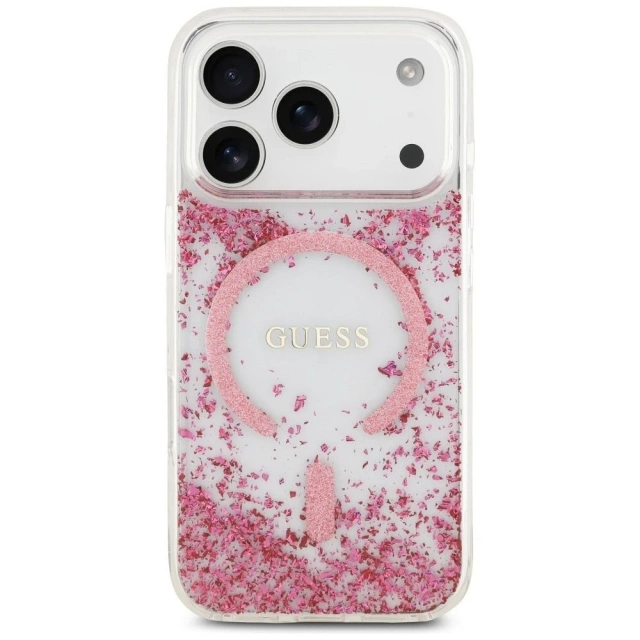 Etui Guess MagSafe do iPhone 17 Pro Resin Bottom Glitter Pink