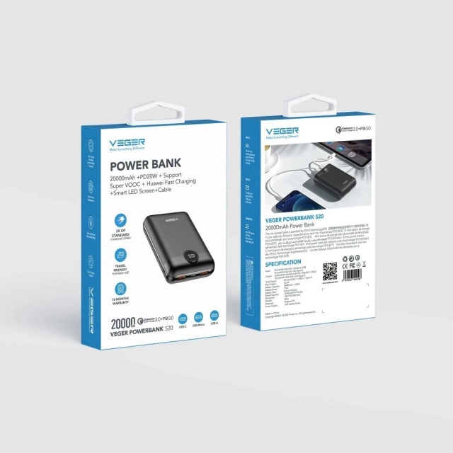 Powerbank Externá batéria (POWER BANK) VEGER S20 - 20 000mAh LCD Quick Charge PD 22,5W čierna (W2053)