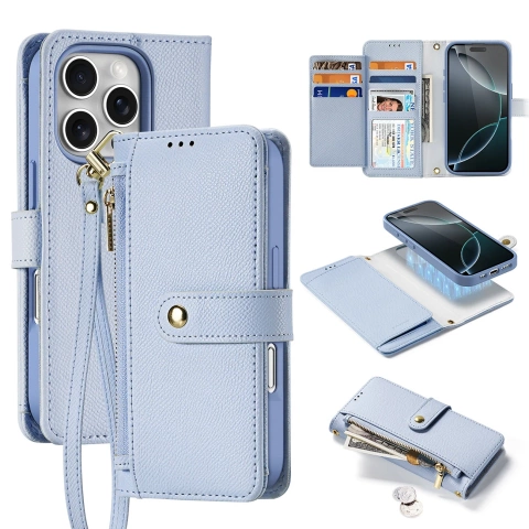 Etui skórzane do iPhone 16 Pro Dux Ducis Lawa z portfelem MagSafe błękitne