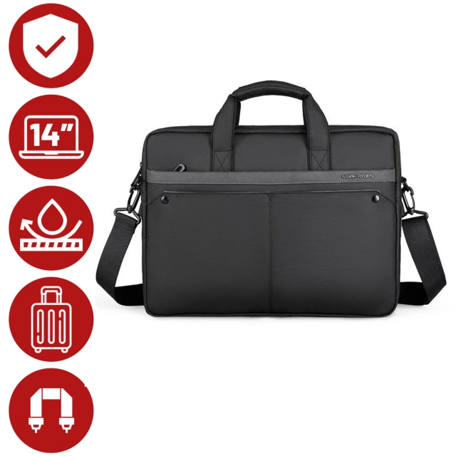 Mark Ryden 14"-Laptoptasche, wasserdicht, elegant und geräumig, leicht (0,5 kg), mit Laptopfach, 9,7"-Tabletfach und Tragegurt – Schwarz