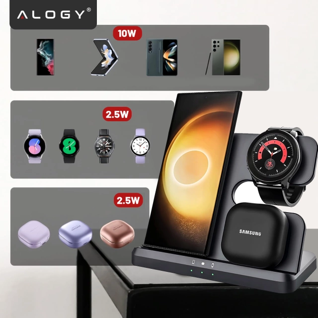 Kabelloses induktives Ladegerät 3in1 Qi 3.0 Fast für Samsung S22 S23 S24 Galaxy Watch Buds Station schwarz