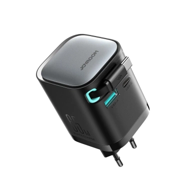 Joyroom JR-TCL02 65W USB-A USB-C GaN nabíjačka so vstavaným USB-C káblom – čierna