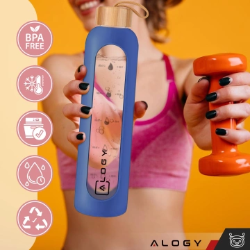 Velká skleněná láhev, láhev na pití Alogy Motivační odměrka 1l 1000ml, silikonové pouzdro Modré
