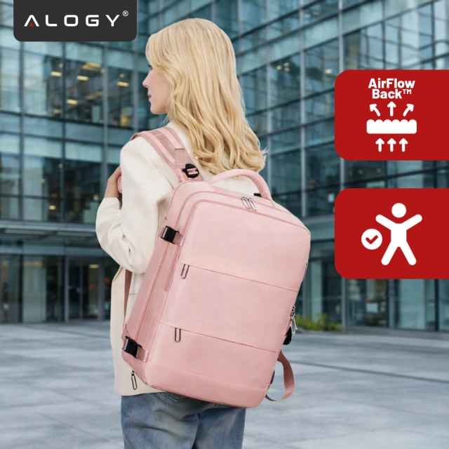 Damen-Reise-Laptop-Rucksack für Koffer, Gepäck, Flugzeug, Arbeit, Schule, 45 x 30 x 20 cm, Alogy Pink