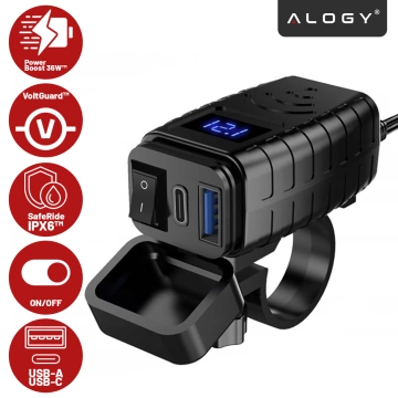Зарядний пристрій для мотоцикла Alogy MotoCharge Pro™ з дисплеєм, швидка зарядка PD QC 3.0 потужністю 36 Вт, порти USB-A та USB-C, водонепроникний та міцний, чорний