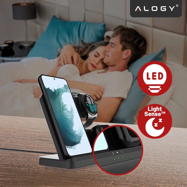 Bezdrátová indukční nabíječka 3v1 Qi 3.0 Fast pro Samsung S22 S23 S24 Galaxy Watch Buds Station černá