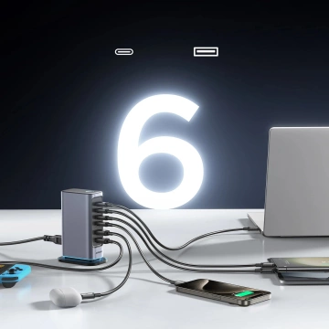 Joyroom 65W GaN Multiport Charger, 4x USB-C, 2x USB-A, Dark Gray