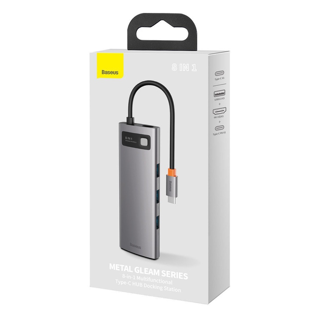 Концентратор 8w1 Baseus Metal Gleam Series, USB-C до 3x USB 3.0 HDMI USB-C PD Ethernet RJ45 microSD/SD
