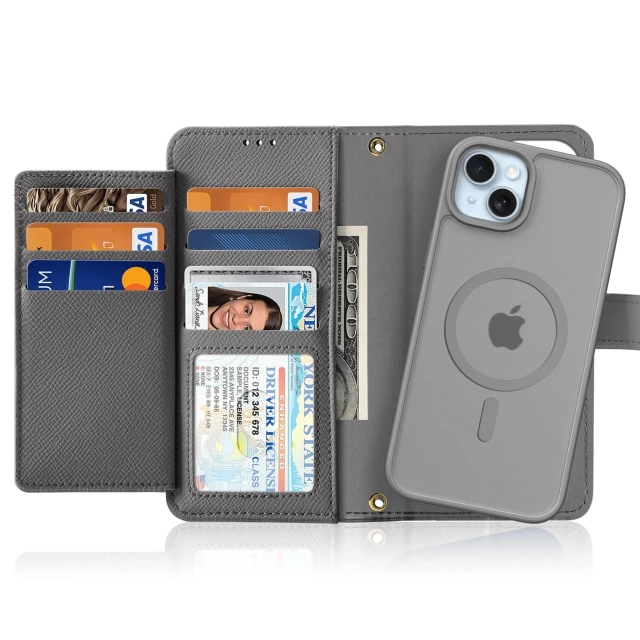 iPhone 15 Dux Ducis Lawa Leder Wallet Case MagSafe Grau