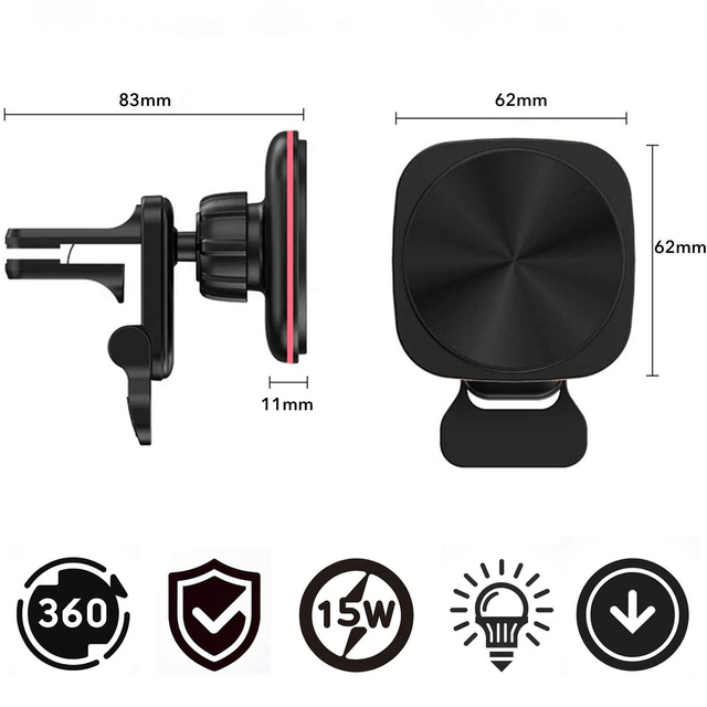 Držiak na mriežku do auta s nabíjačkou Mag Safe 15w pre iPhone LED PD QC 3.0 do vetracieho otvoru auta Alogy black