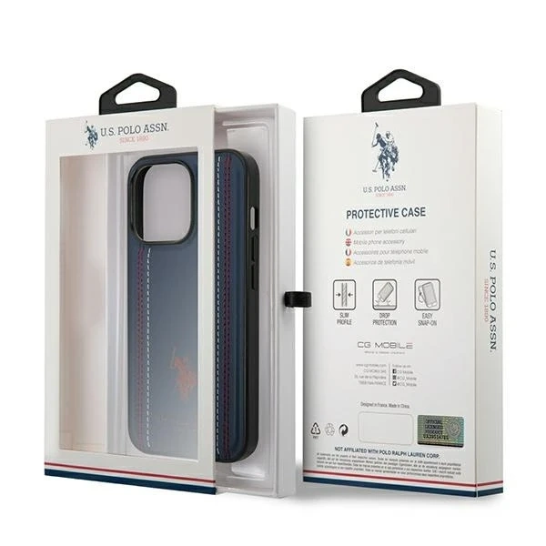 Pouzdro US Polo USHCP14XPFAV na telefon Apple iPhone 14 Pro Max 6,7" námořnická modrá/námořnická modrá kožený steh