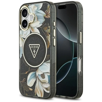 Etui Guess MagSafe do iPhone 17 IML Glitter Flowers Triangle Black