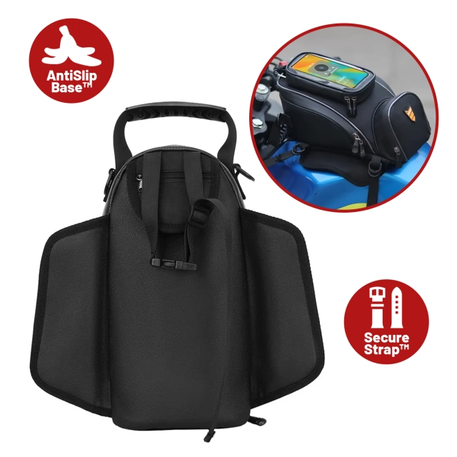 Motorcycle Bag with Detachable Phone Case, Waterproof Motorcycle Bag with Compartments and Tank Mount, Spacious and Durable, MotoRider™ – Black