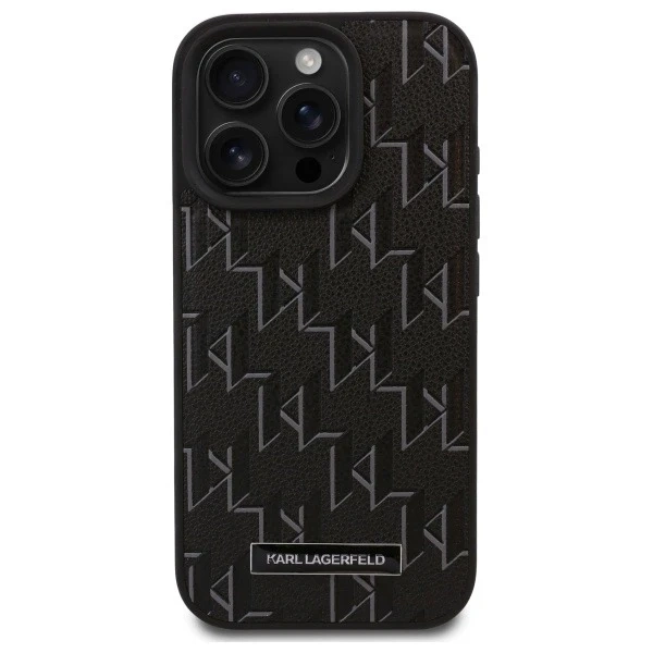 Karl Lagerfeld Hülle für iPhone 16 Pro Max 6,9" MagSafe Hardcase Schwarzes Leder Monogramm Metall Logo