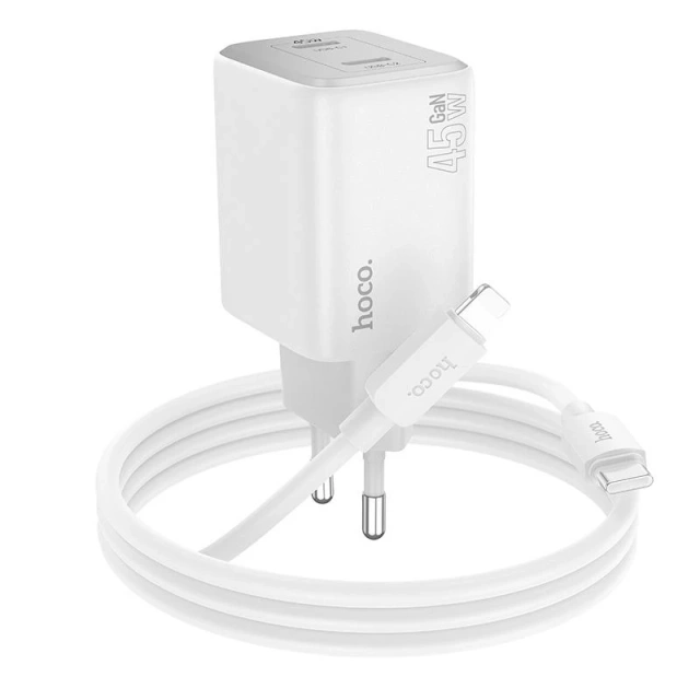 HOCO Wandladegerät 2 x Typ-C-Kabel Typ C zu Lightning PD QC 45W GaN Weiß