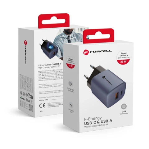 FORCELL F-ENERGY GaN Charger Type C USB A PD QC4.0 3A 33W Сірий