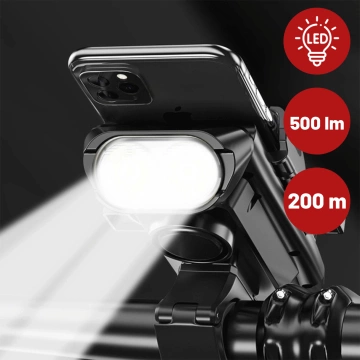 Držiak telefónu na bicykel 4v1 LED svetlo T6 predný zvonček na bicykel Powerbanka 3000mAh čierna