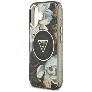 Etui Guess MagSafe do iPhone 17 IML Glitter Flowers Triangle Black